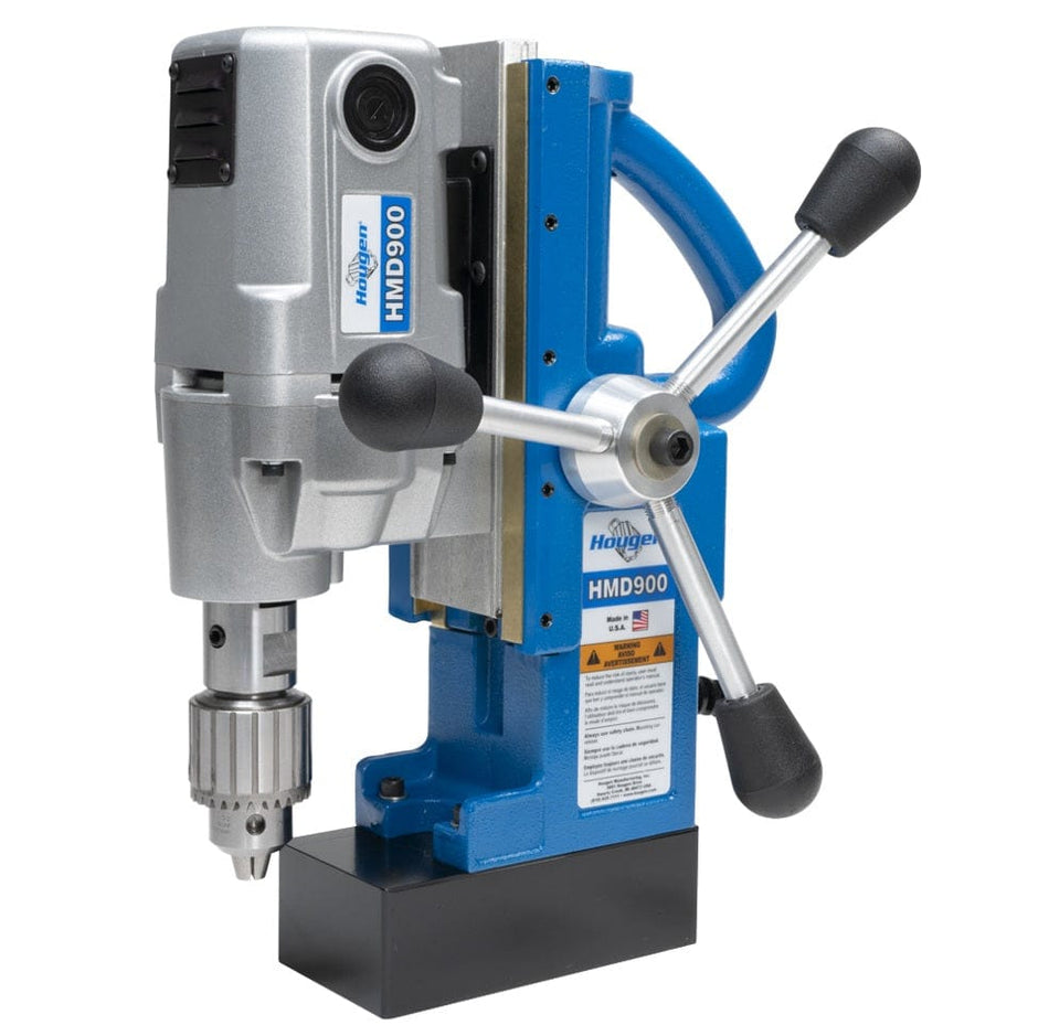 Studio shot of the Hougen HMD900 magnetic drill press showing the three-spoke feed handle and cutter installation.