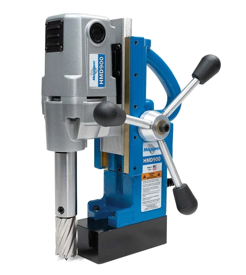 Angled rear view of the Hougen HMD900 portable magnetic drill showing the blue base and silver motor housing.
