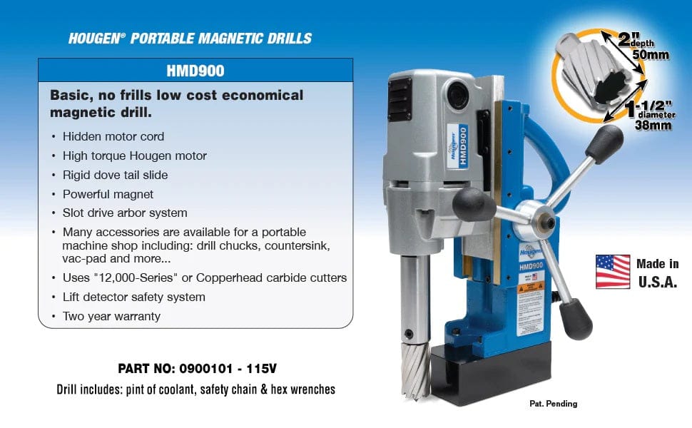 Product feature infographic for the HMD900 highlighting the hidden motor cord and 2 inch depth of cut capacity.