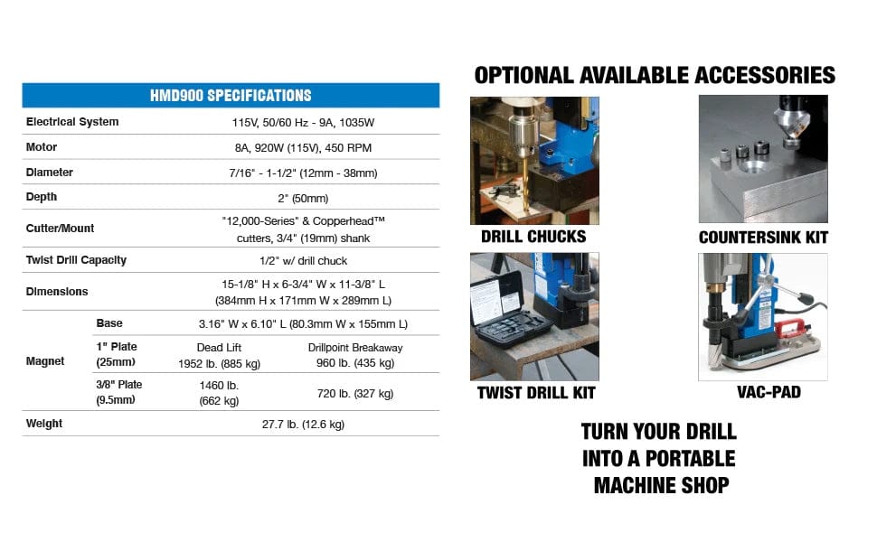 Technical specifications table and visual list of optional accessories for the HMD900 including countersinks and vac-pads.