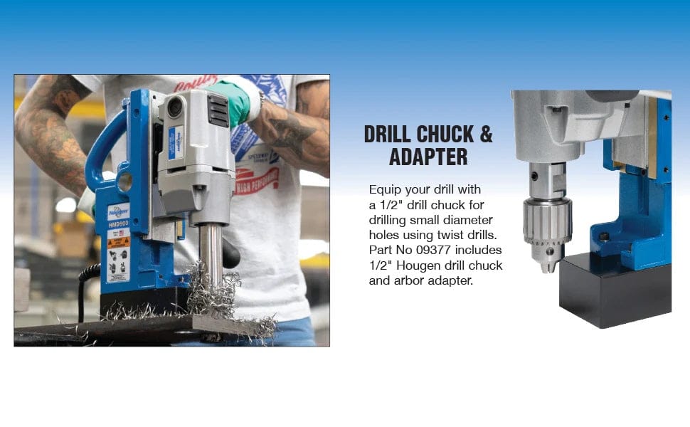 Graphic illustrating the optional drill chuck and adapter accessory for the Hougen HMD900 for use with twist drills.