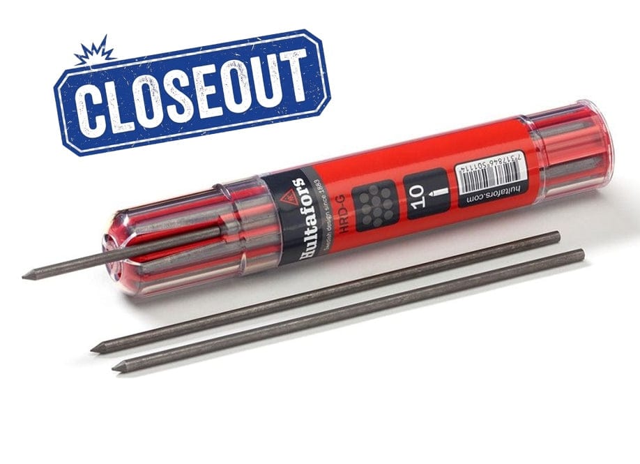 A studio product photograph of a Hultafors HRD G refill container with three graphite leads displayed in the foreground. The red and black cylindrical container is marked with a blue and white Closeout graphic in the upper left corner.