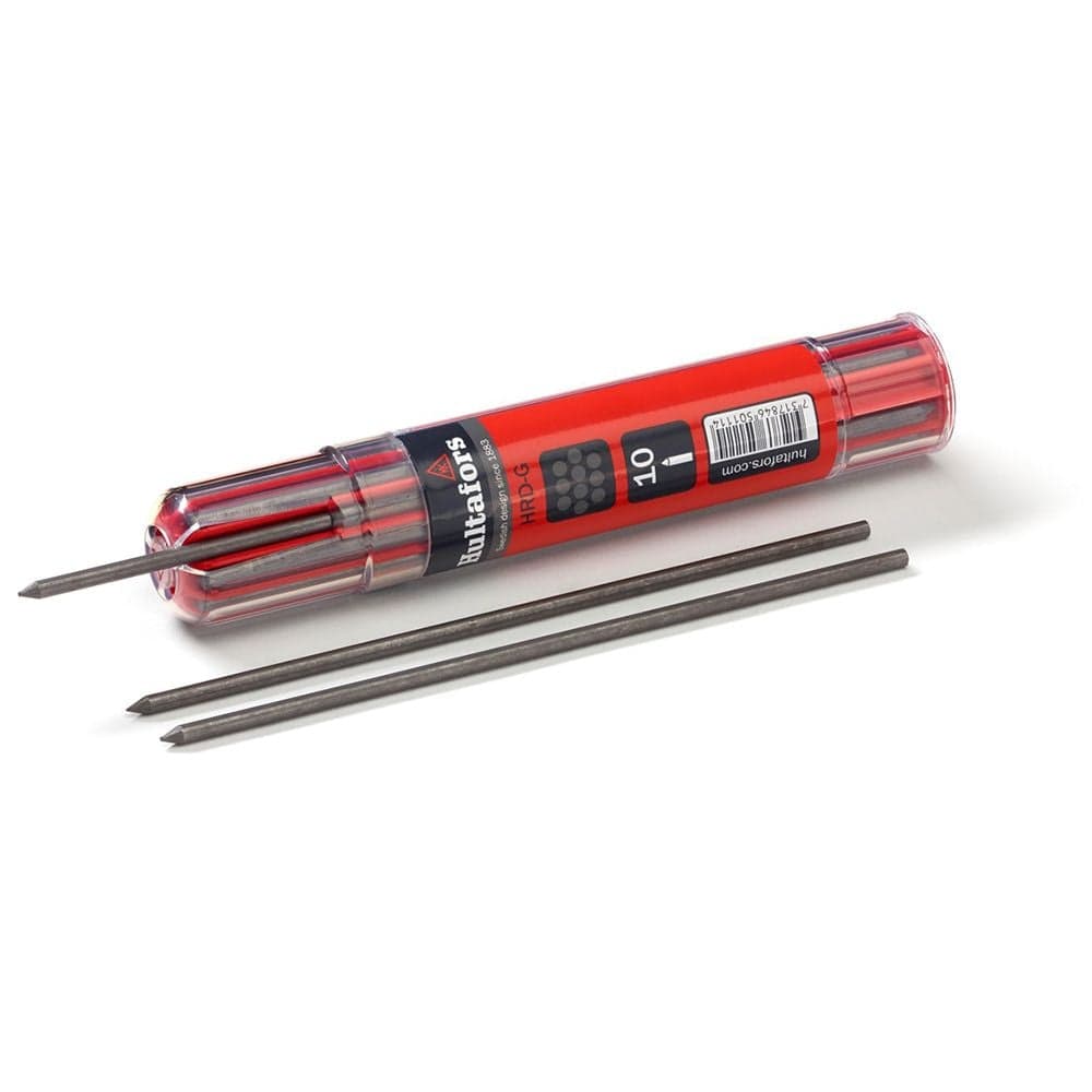 A high-resolution studio photograph showing the Hultafors HRD G refill container with 10 graphite leads inside. Three replacement leads are shown outside the protective red and black dispenser to highlight the 2.4mm thickness and pointed tips.