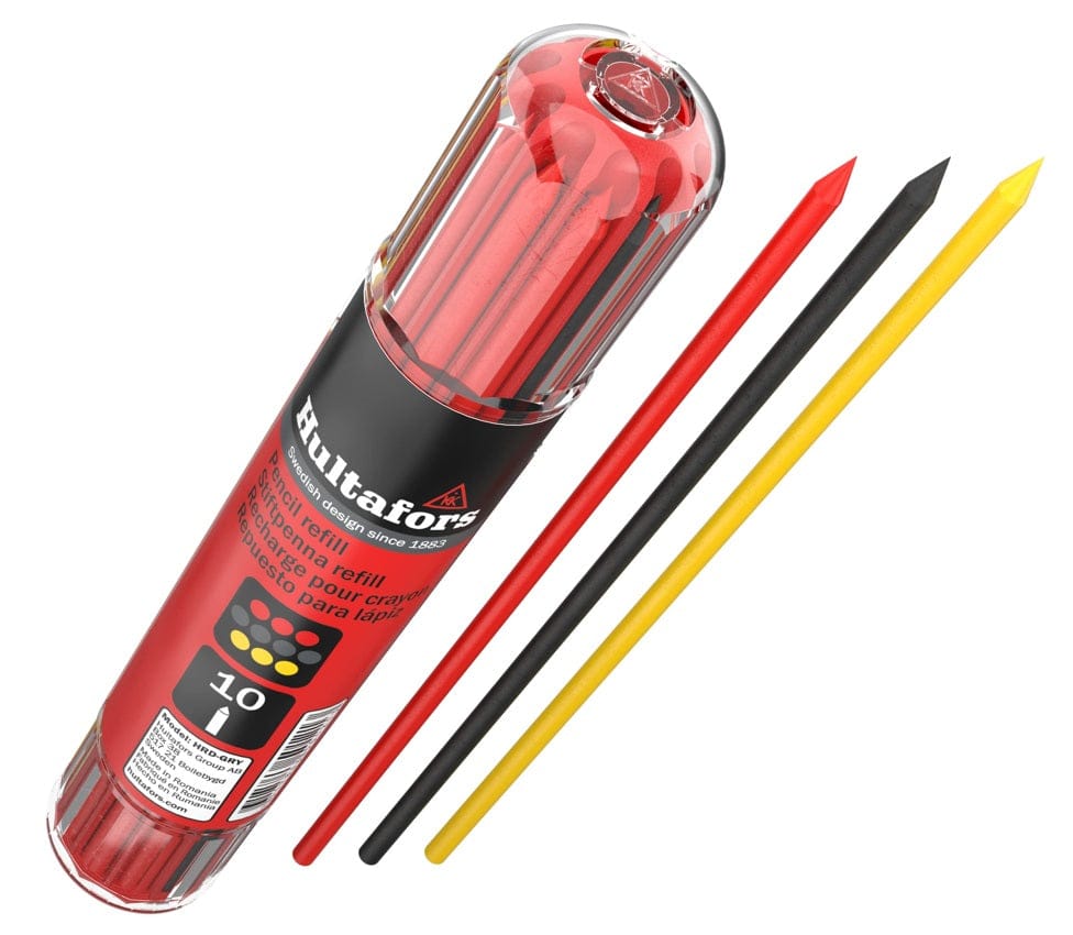 A high-resolution studio photograph of the Hultafors HRD GRY refill container shown at an angle with red, graphite, and yellow replacement leads fanned out beside it to showcase the multi-surface marking set.