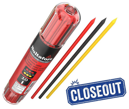 A studio product photograph of the Hultafors HRD GRY refill set with red, graphite, and yellow leads. A blue and white Closeout graphic is positioned in the lower right corner of the image.