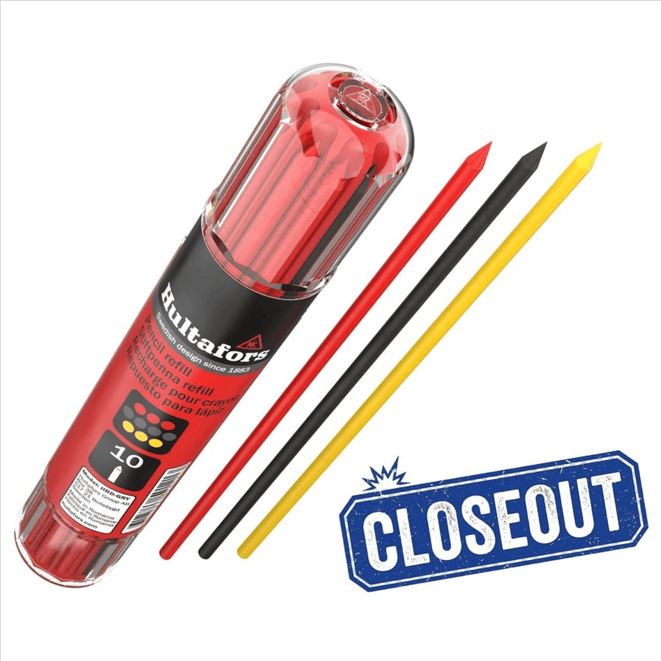 A studio product photograph of the Hultafors HRD GRY refill set with red, graphite, and yellow leads. A blue and white Closeout graphic is positioned in the lower right corner of the image.
