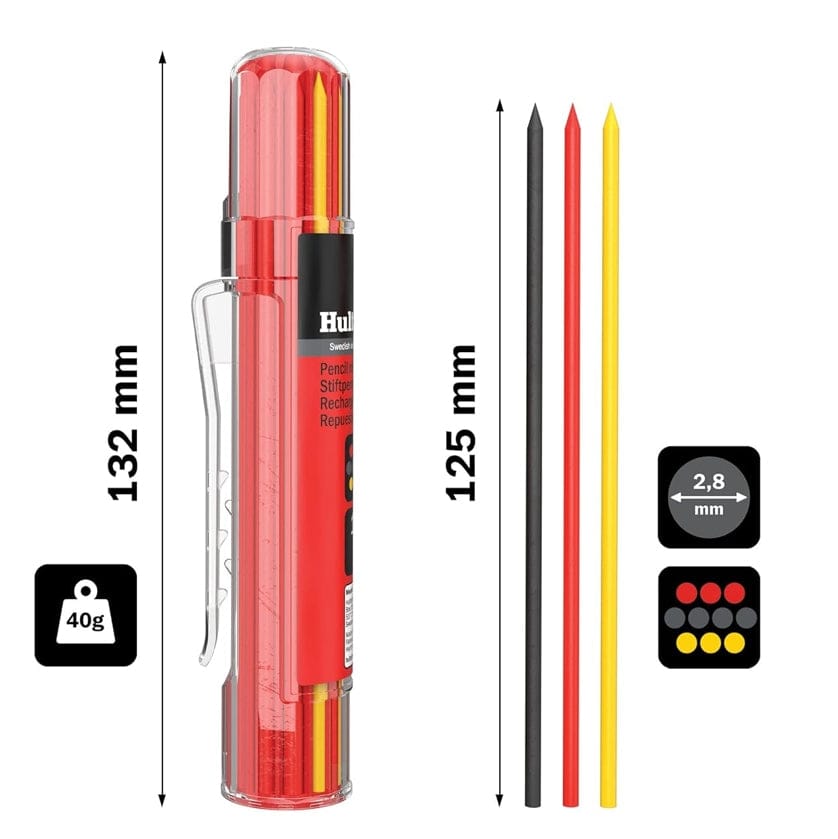 A technical specification diagram for the Hultafors HRD GRY refills, showing the container height at 132mm, the lead length at 125mm, a total weight of 40g, and a lead diameter of 2.8mm.