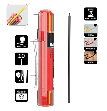 An instructional infographic for the Hultafors HRD GRY refill leads, featuring a central product image of the red dispenser and a long graphite lead. Icons on the left highlight the anti-roll design, 10-lead capacity, and protective case, while icons on the right demonstrate the leads' ability to mark on metal, concrete, and wood.