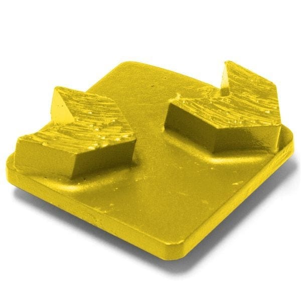 Yellow Husqvarna double arrow diamond grinding segment with textured pads on a square base; designed for epoxy and concrete removal.