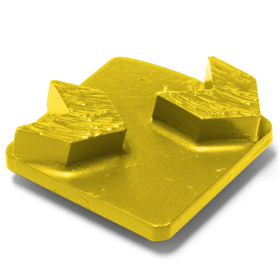 Yellow Husqvarna Redi-Lock diamond grinding segment with two raised arrow-shaped pads on a square base; designed for coating removal.