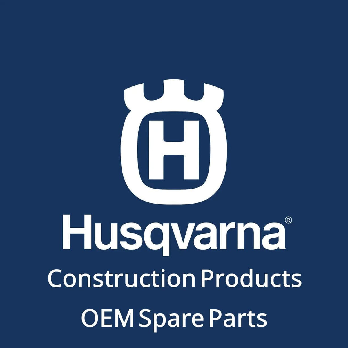 Husqvarna branding image showing white crowned “H” logo and text reading “Construction Products OEM Spare Parts” on dark blue background.