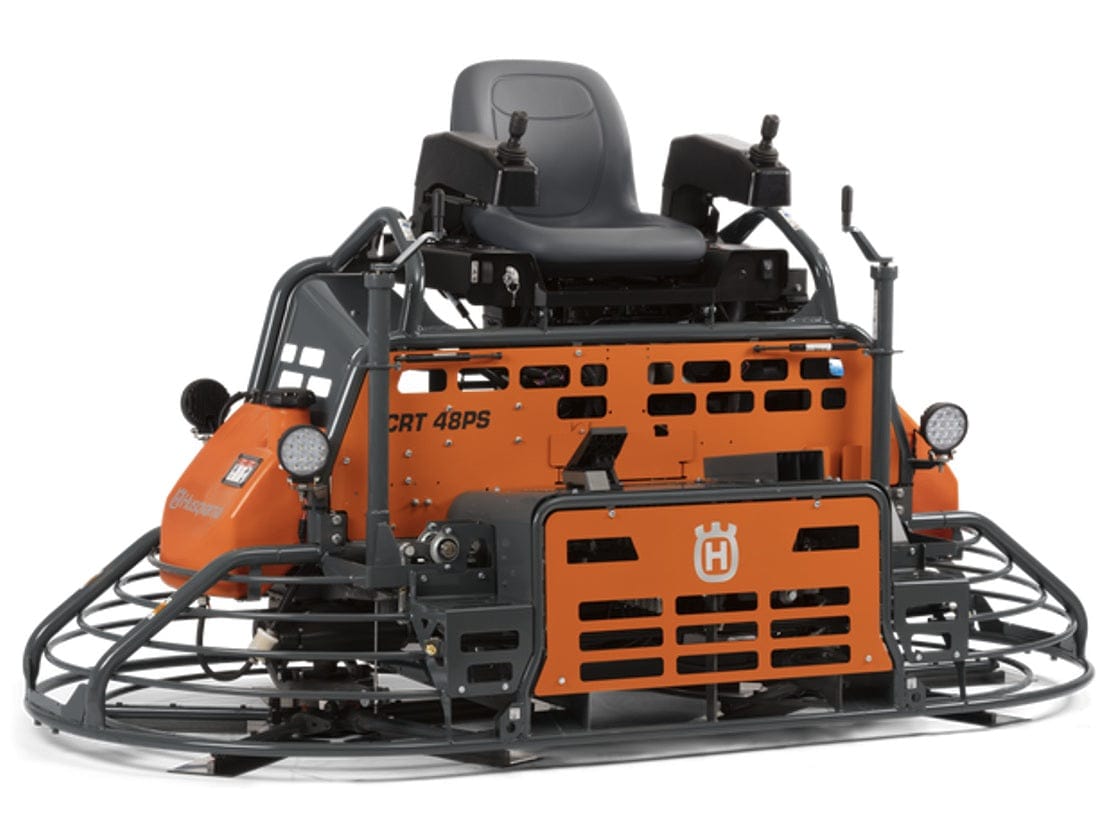 Husqvarna CRT 48 PS ride-on concrete trowel with central operator seat, dual rotors, and orange-black frame design.