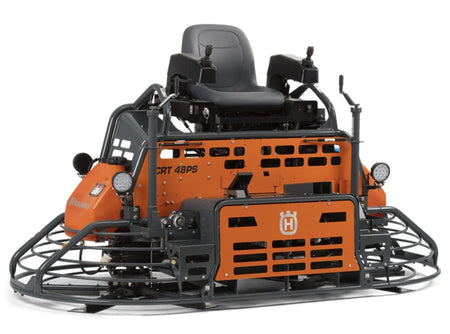 Husqvarna CRT 48 PS ride-on concrete trowel with central operator seat, dual rotors, and orange-black frame design.