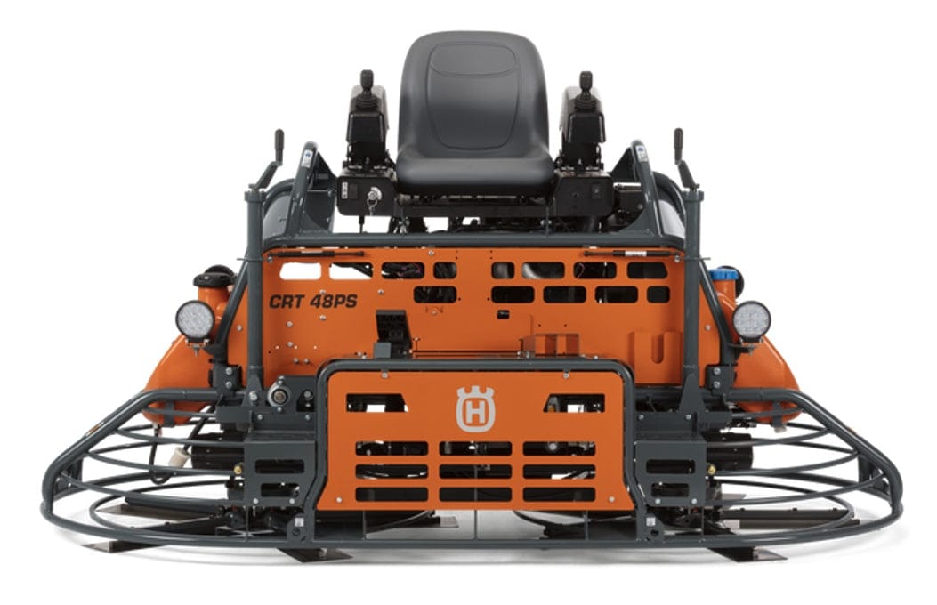 Husqvarna CRT 48 PS ride-on trowel with dual seats, control levers, and protective blade guards for slab finishing