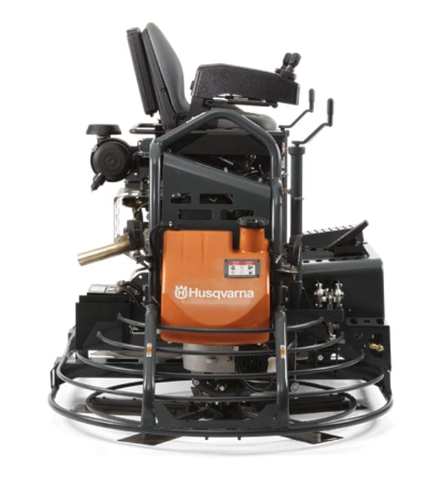 Husqvarna CRT-48 ride-on power trowel with dual blade cages, operator seat, and control levers for concrete finishing