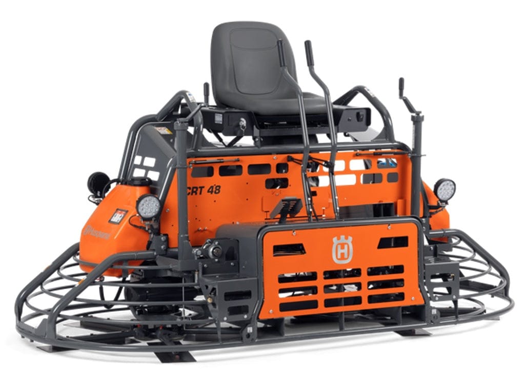 Husqvarna CRT 48 ride-on trowel with dual rotors, operator seat, and control levers for large-scale concrete finishing