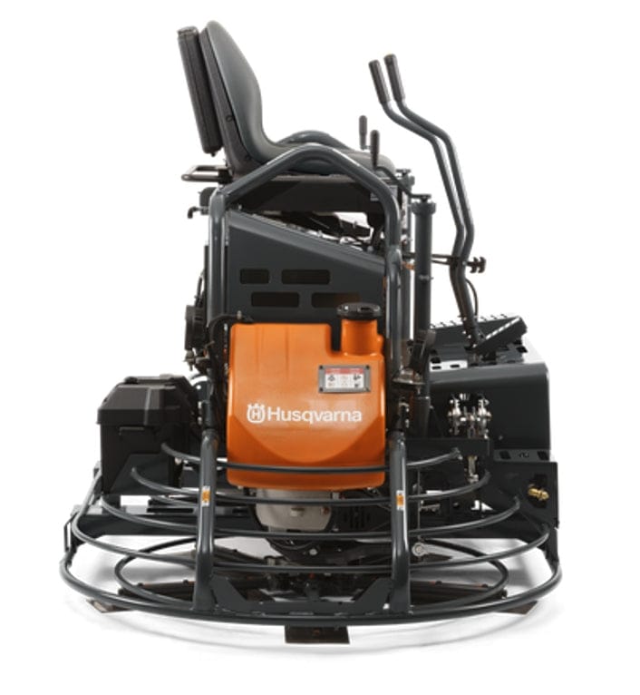 Husqvarna ride-on power trowel with dual rotating blades, operator seat, and orange panel for concrete surface finishing