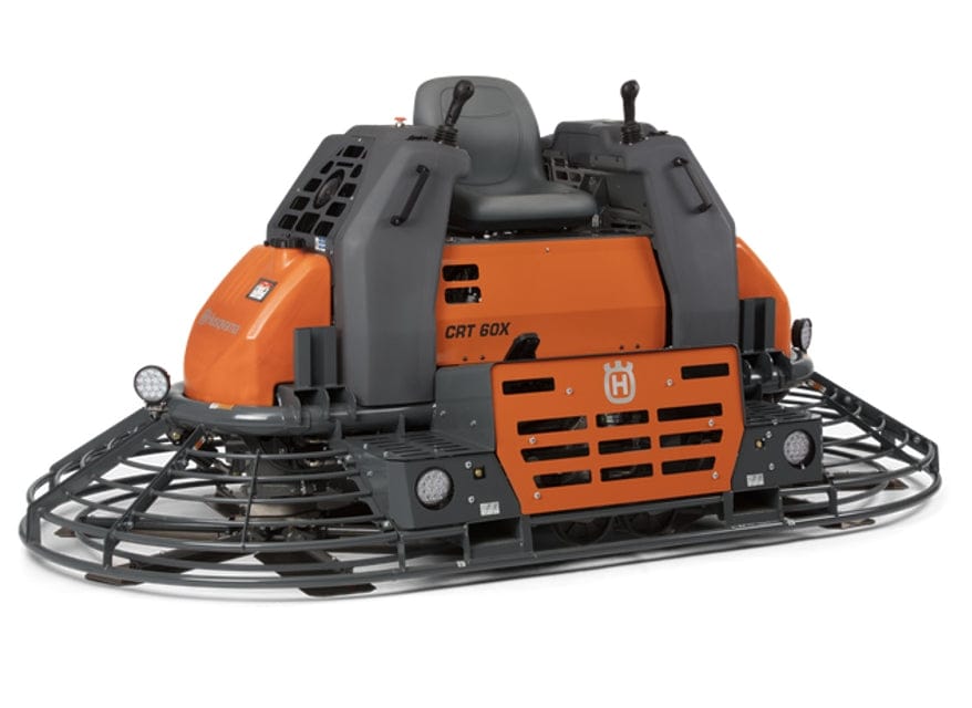Husqvarna CRT 60X ride-on concrete trowel with operator seat, dual levers, and protective blade cages.