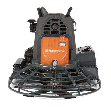 Husqvarna ride-on power trowel with dual rotating blades, operator seat, and orange front panel for concrete finishing