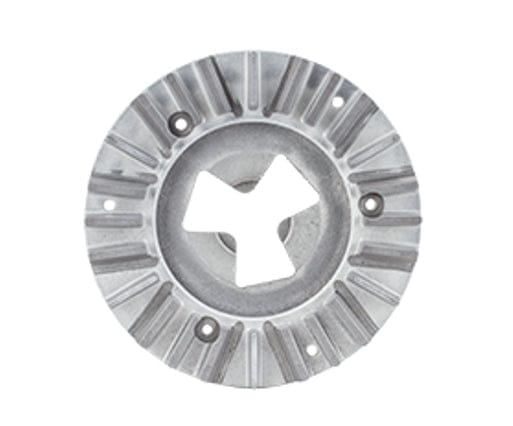 Metallic circular Husqvarna EZchange™ AirFlow tool holder with three-lobed center cut-out, radial grooves, and mounting holes; designed for heat-reducing concrete grinding applications.
