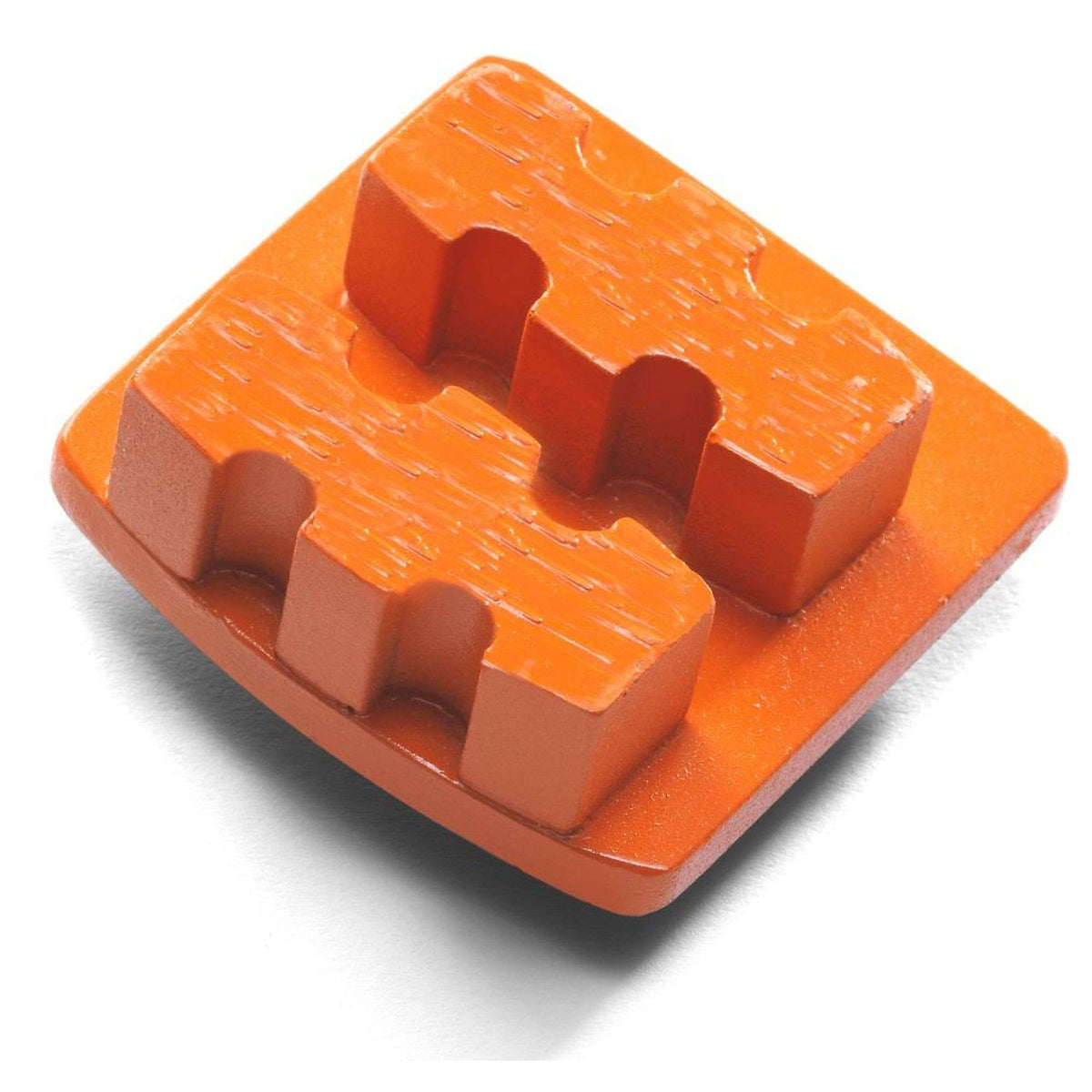 Orange Husqvarna diamond grinding segment with two raised notched pads on a trapezoidal base; designed for hard concrete surface prep.