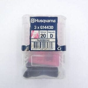 Plastic container labeled “Husqvarna 3 x G1443D Grit size 20 Segment D PN: 501902502” showing three visible grinding segments inside.