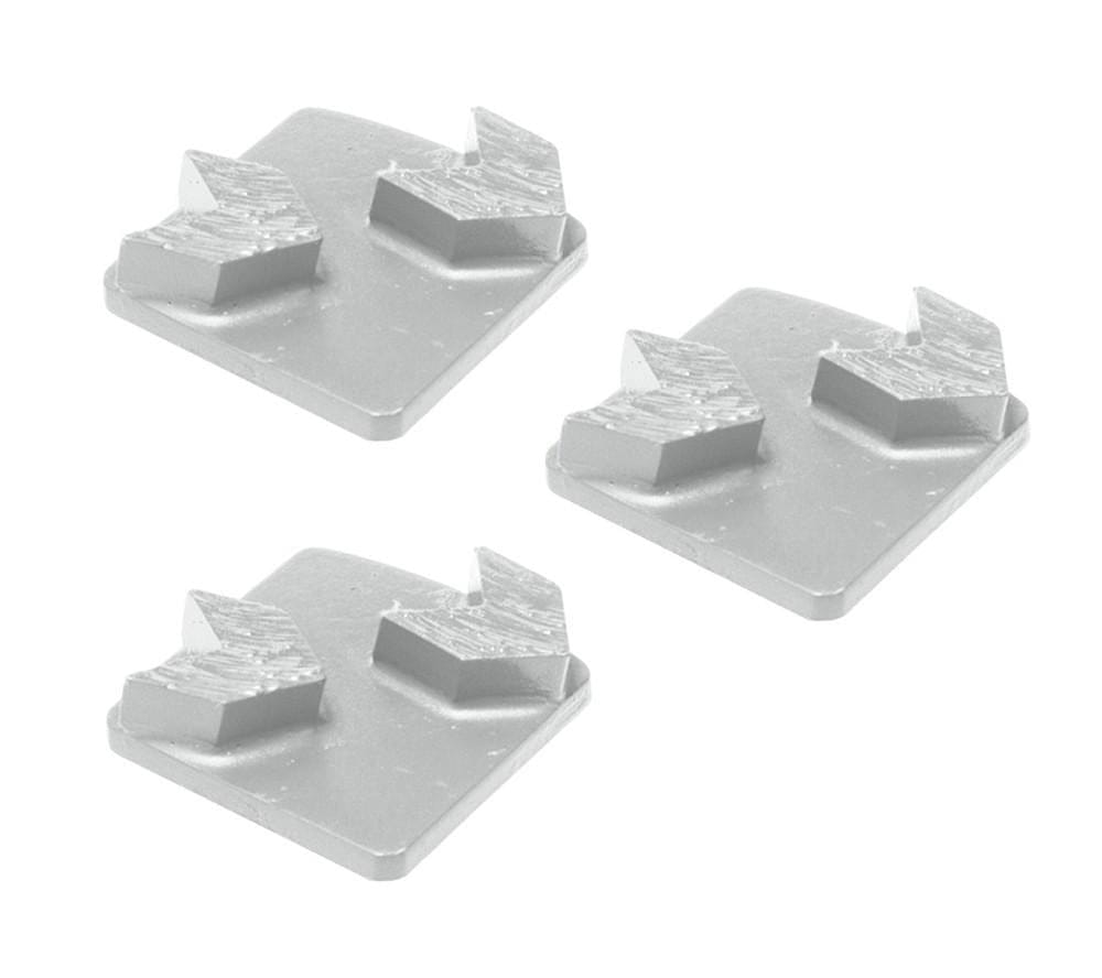 Three grey Husqvarna arrow segment diamond grinding tools with angled chisel-like pads on rectangular bases; designed for medium to hard concrete coating removal.