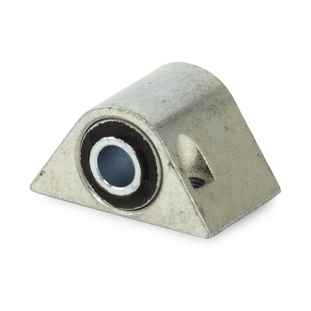 Triangular metal pillow block bearing housing with integrated ball bearing; used in Husqvarna construction equipment for shaft support and rotation.