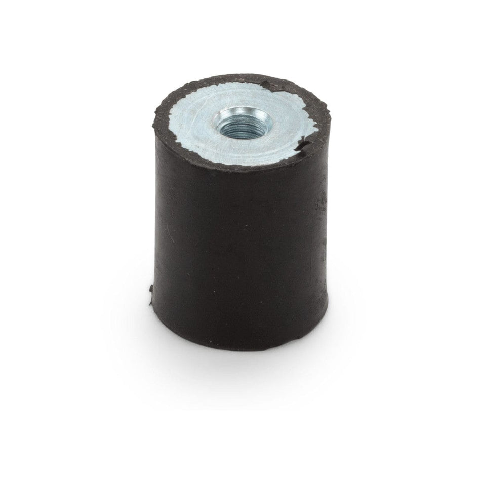 Black cylindrical Husqvarna shock absorber with threaded metal insert on top; designed for vibration dampening in construction equipment.