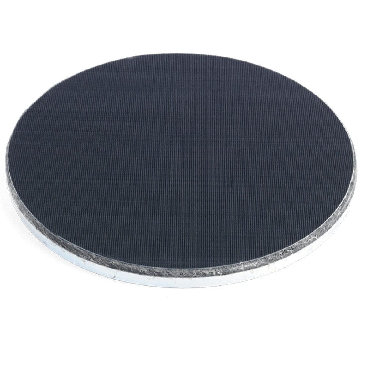 Circular Husqvarna resin holder plate with dark textured surface and metallic edge; designed for Velcro-backed polishing pad attachment in concrete grinding systems.