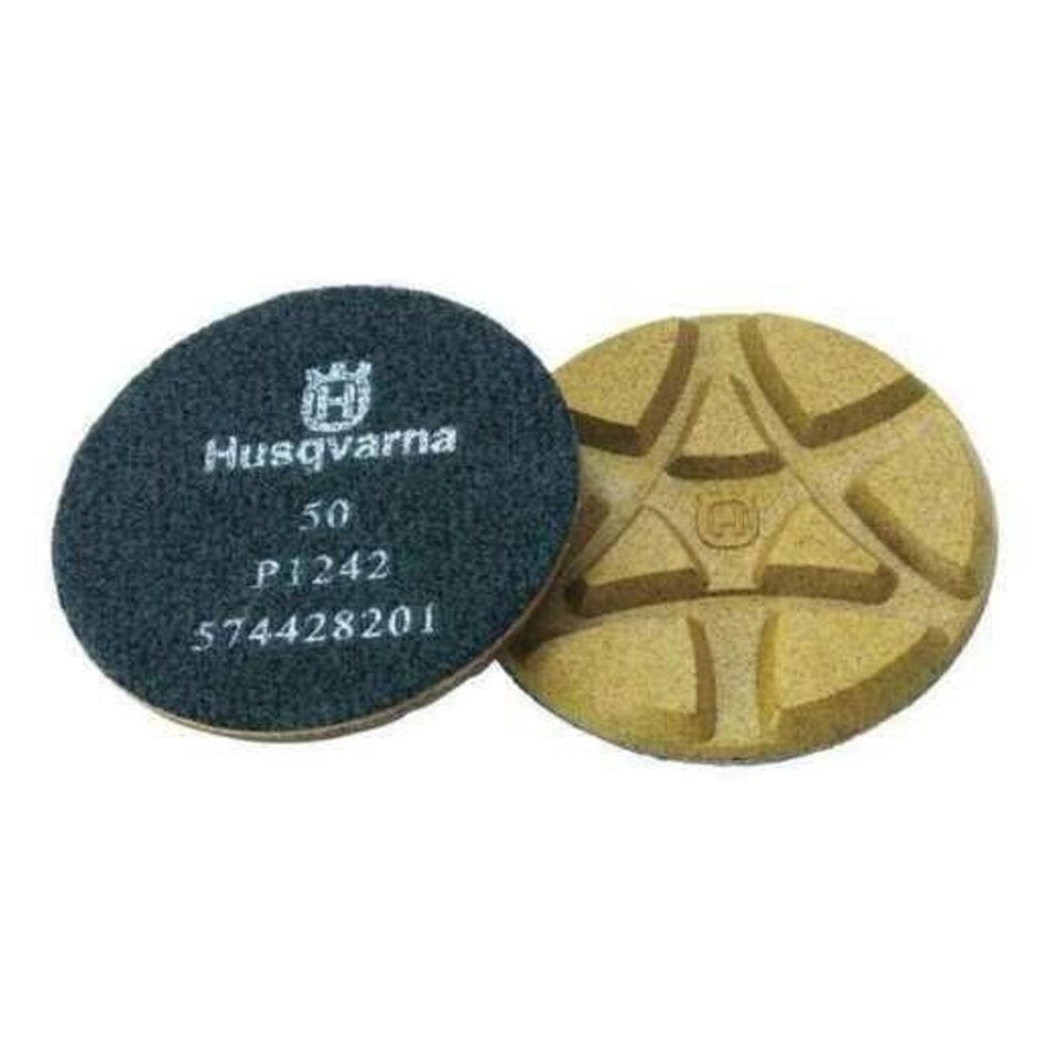 Two Husqvarna 3" resin diamond polishing pads shown front and back; segmented abrasive surface and black backing labeled “50 P1242 574428201”.