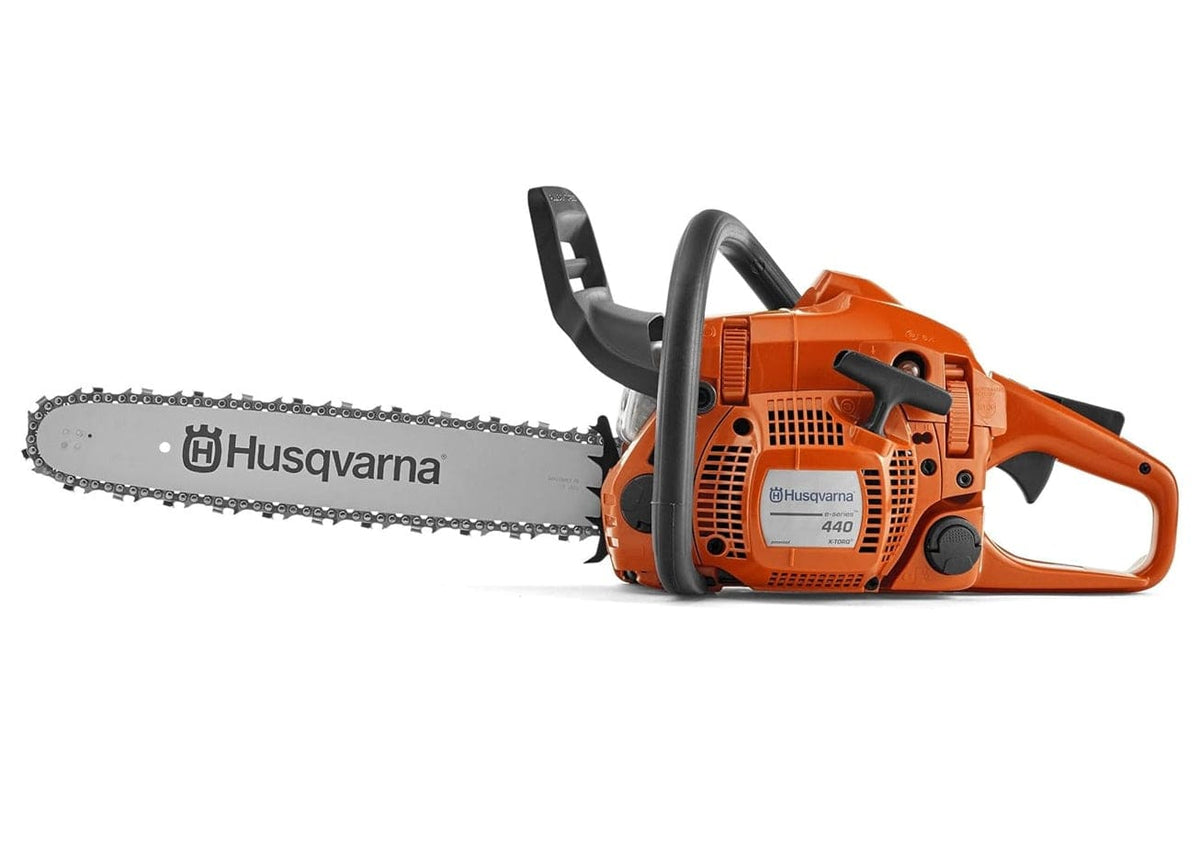 Side view of Husqvarna 440 gas chainsaw showing orange and black body, metal cutting bar, front hand guard, rear handle, and visible air filter cover with model number and branding.