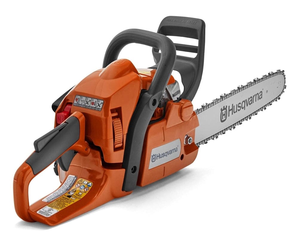 Detailed image of Husqvarna chainsaw highlighting safety and operational labels near rear handle, orange casing, black grip, and silver bar labeled with Husqvarna logo.