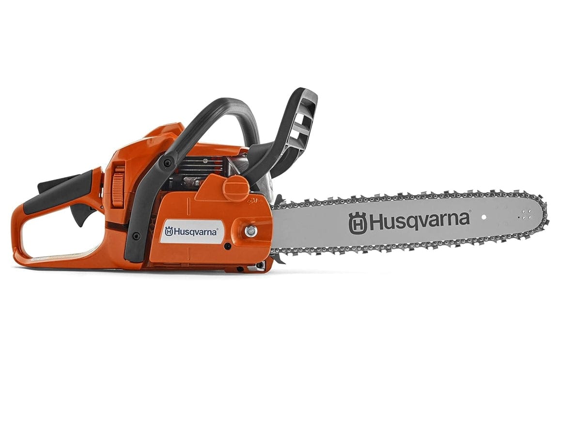 Profile view of Husqvarna chainsaw with orange body, black handle, and silver guide bar; Husqvarna branding visible on both engine casing and blade.