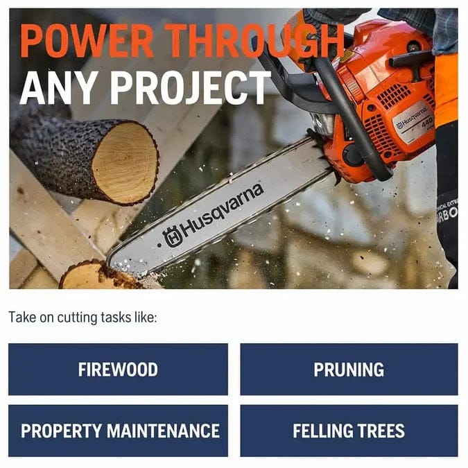 Promotional image showing person using Husqvarna 440 chainsaw to cut a log outdoors with wood chips flying; forest background and marketing text highlighting cutting tasks