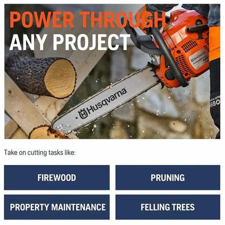 Promotional image showing person using Husqvarna 440 chainsaw to cut a log outdoors with wood chips flying; forest background and marketing text highlighting cutting tasks