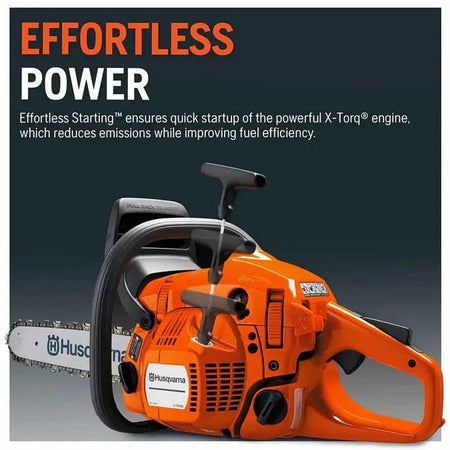 Advertisement featuring Husqvarna chainsaw with X-Torq engine on dark background; orange body and branding highlighted with marketing text about effortless starting and fuel efficiency