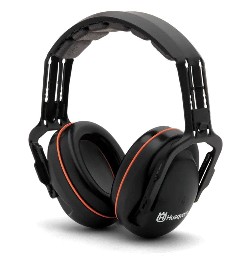 A professional studio photograph of the Husqvarna 531300089 Professional Headband Hearing Protectors, featuring a black and orange padded headband and deep clamshell ear muffs for noise reduction.