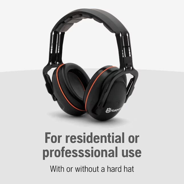 A studio product photograph of Husqvarna Professional Headband Hearing Protectors with text stating they are for residential or professional use with or without a hard hat.