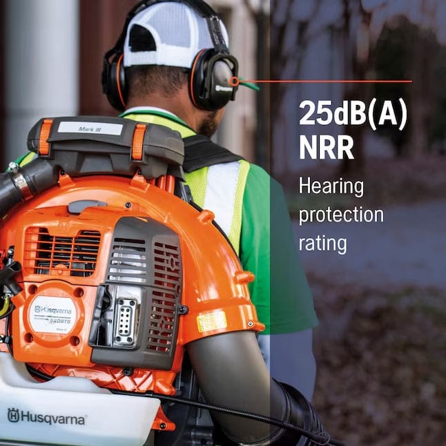 An action photo of a worker wearing Husqvarna Professional Headband Hearing Protectors while using a backpack leaf blower, with text indicating a 25dB(A) NRR hearing protection rating.