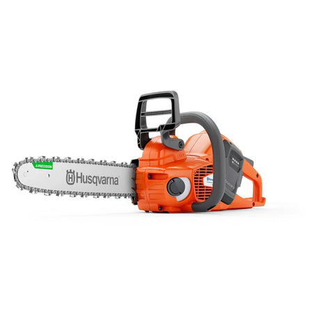 Full studio side view of the Husqvarna 535i XP cordless chainsaw on a white background, displaying the 14-inch X-Precision bar, ergonomic handles, and battery compartment.