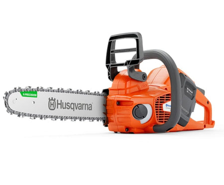 Full studio side view of the Husqvarna 535i XP cordless chainsaw on a white background, displaying the 14-inch X-Precision bar, ergonomic handles, and battery compartment.
