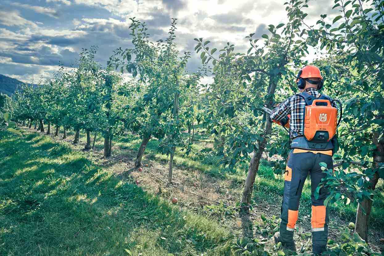 A worker in full protective tree care equipment and a battery backpack sprayer standing in an apple orchard, demonstrating the professional application of Husqvarna battery-powered tools.