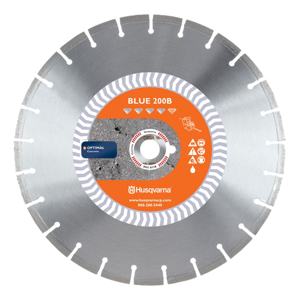 A studio shot of the Husqvarna Blue 200B 20-inch segmented turbo diamond blade, featuring professional-grade segments for high-speed cutting in medium-hard aggregate concrete and a universal 1-inch arbor.