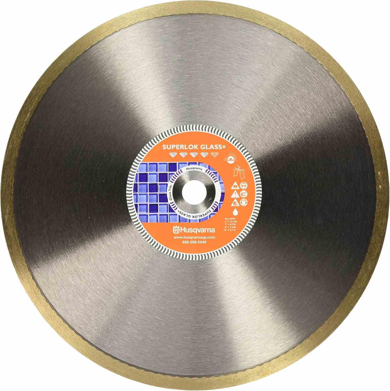 A top-down studio view of the Husqvarna Superlok Glass Plus diamond blade featuring a continuous gold-colored diamond rim, a 5/8-inch arbor, and a central orange and blue label with the Husqvarna logo and safety icons.