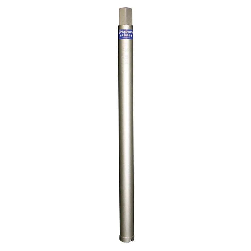 A studio product shot of the silver Husqvarna B1420 Gold Series diamond core bit, showing the full 14-inch length, the 5/8-11 threaded connection at the top, and the diamond crown segment at the bottom.