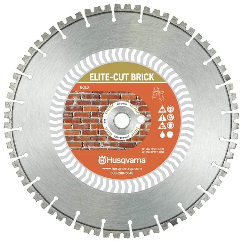 Full view of a Husqvarna Elite-Cut Gold series diamond masonry saw blade featuring a segmented rim, a 1-inch arbor, and a center label displaying technical specifications and safety icons over a brick background pattern.