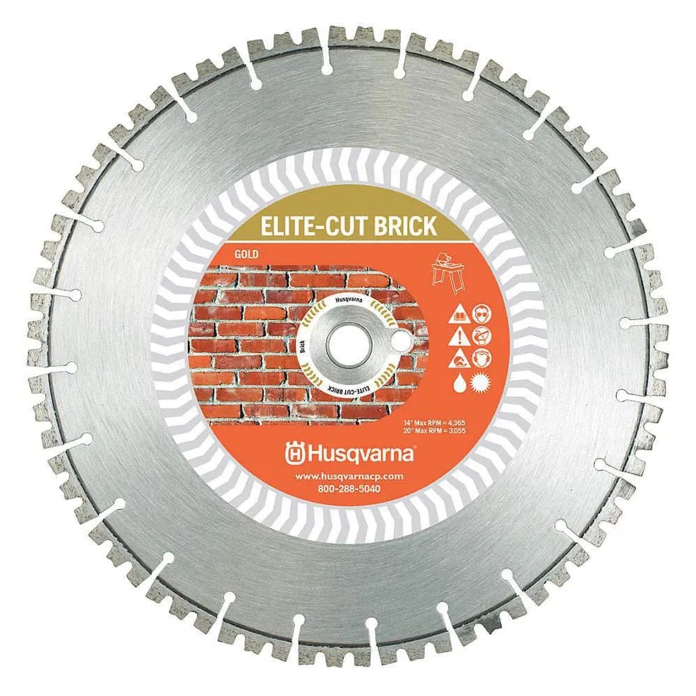 Full-facing studio view of a Husqvarna Elite-Cut Brick diamond saw blade featuring a segmented rim, a gold-level performance label with a brick pattern, and technical specifications for 14-inch and 20-inch diameters.
