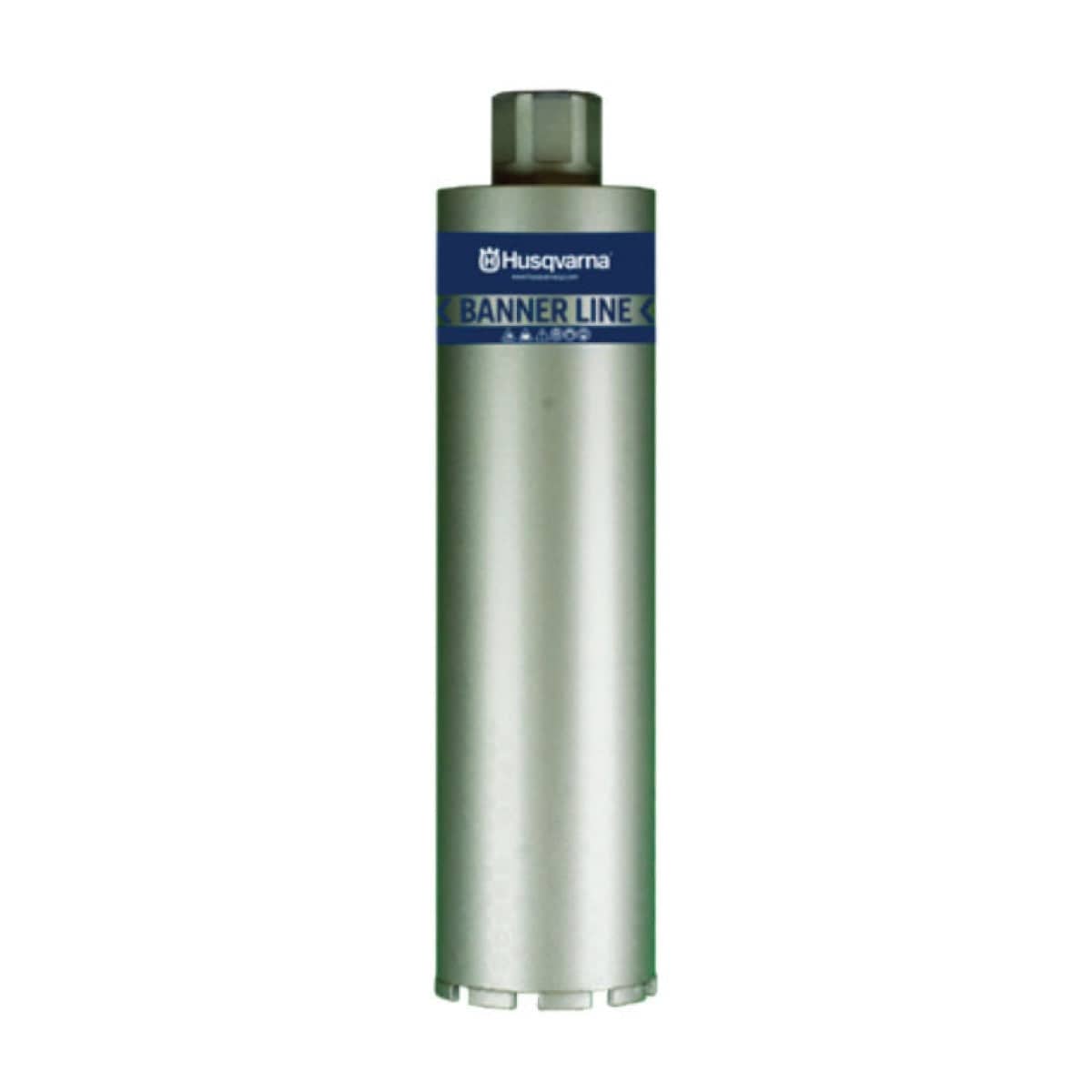 A studio shot of a professional Husqvarna BannerLine Vari-Drill diamond core bit, featuring a long cylindrical silver body with a 7/8-inch diameter, a threaded 5/8-11 connector at the top, and a blue label indicating its suitability for reinforced concrete and masonry.