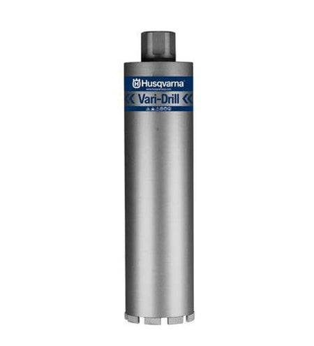 Studio product shot of the Husqvarna 594101503 Vari-Drill diamond core drill bit, featuring a long silver steel tube body with a blue brand label and segmented diamond cutting teeth at the tip.